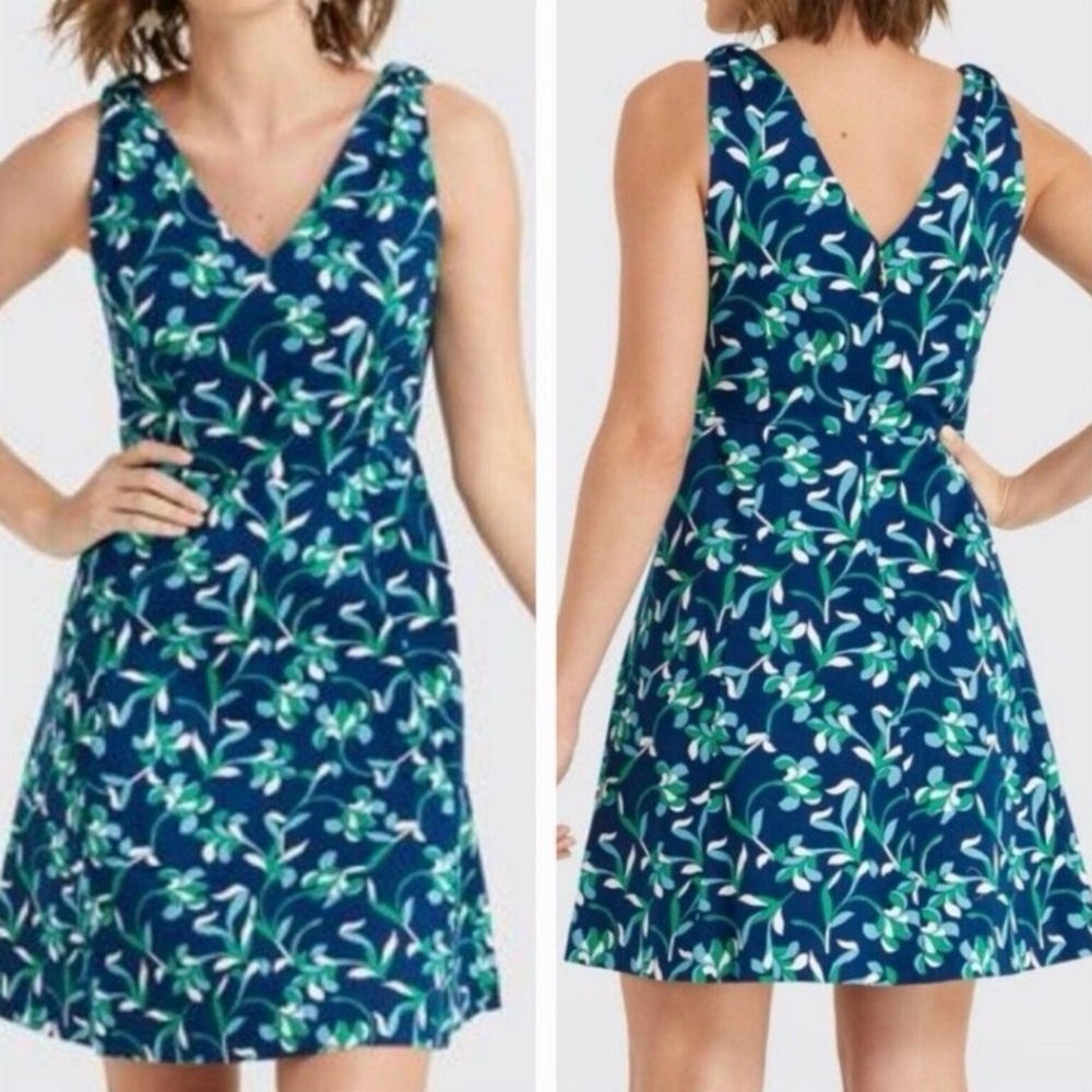 DRAPER JAMES Navy Blue Green Floral Sleeveless Knot Fit & Flare Dress Sz 2 NWT